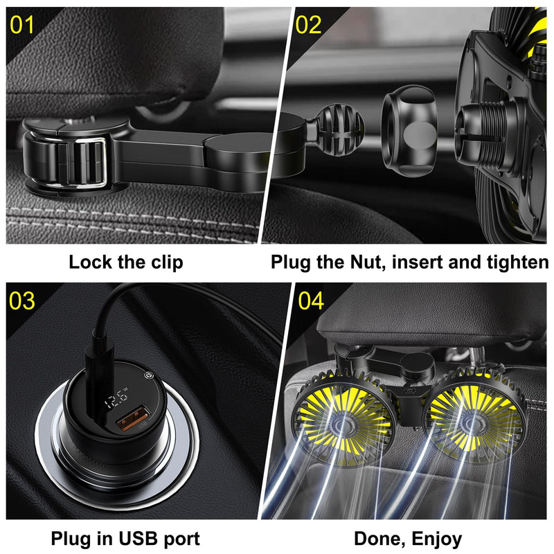 Car Fan, Dual Heads Car Fan for Backseat USB Car Rear Seat Fan Car Cooling Fan, 3 Speeds 360° Rotatable Strong Wind Portable USB Fan with Adjustable Clip Electric Car Fans for Vehicles RV SUV Truck