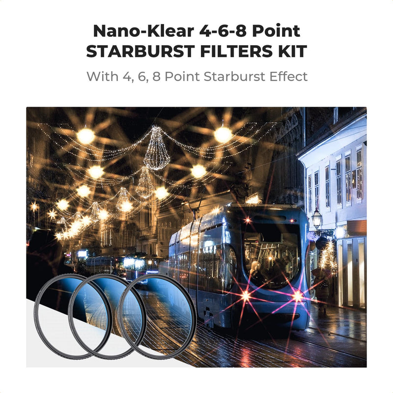 K&F Concept 77mm Star Filters Kit (3 PCS) 4 Points 6 Points 8 Points Cross Screen Starburst Filters Set -18 Layer Coating Ultra Slim Optical Glass Camera Lens Filter with 3 Cleaning Cloth