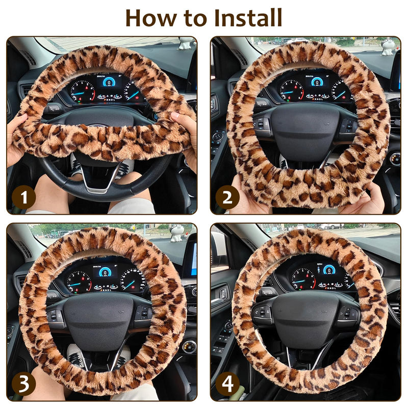 Accmor Fuzzy Car Steering Wheel Cover, Universal Fit Fur Auto Wheel Cover & Handbrake Cover & Gear Shift Cover Set, Leopard Warm Fluffy Vehicle Wheel Protector Car Accessories for Men Women (Brown) Brown/Dark Brown Leopard short hair