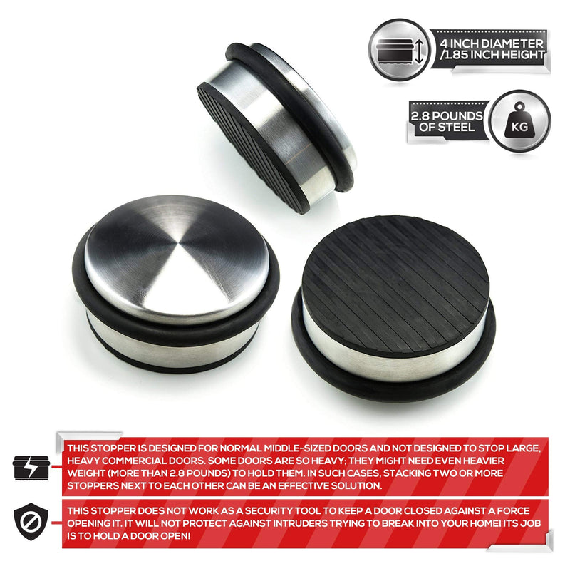 Stainless Steel Door Stopper (3 Pack) 4"x1.85"– Premium SofiHome Top Durability Door Stops with Silica Gel Treads – Stylish Decorative Heavy Duty Door Stop for Floor & Wall Safety