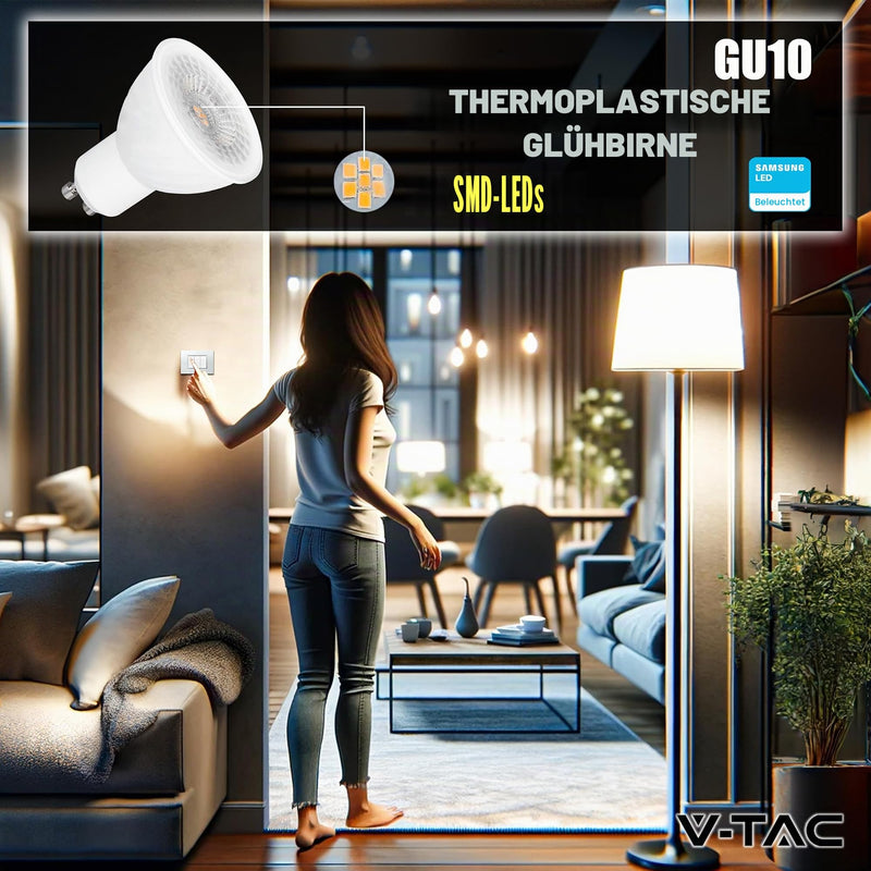 V-TAC 3 x LED Light Bulbs GU10-6 W (Equivalent to 60 W) - 445 Lumens - Chip Samsung - Maximum Efficiency and Energy Saving - GU10 Spot LED Bulbs - Light 6500 K Cool White - Pack of 3 Cold White