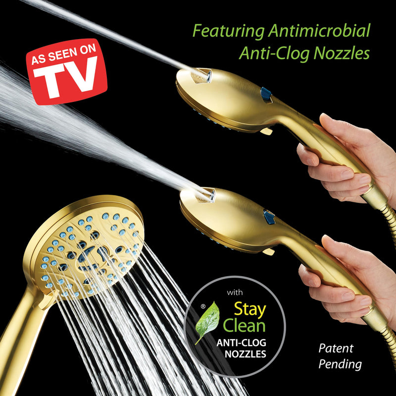 AquaCare High Pressure 8-mode Handheld Shower Head - Anti-clog Nozzles, Built-in Power Wash to Clean Tub, Tile & Pets, Extra Long 6 ft. Stainless Steel Hose, Wall & Overhead Brackets Modern Gold