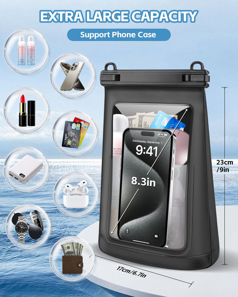 2L Large Waterproof Phone Pouch - [Oversized] [Floating] Waterproof Pouch for iPhone Galaxy Google and More, IPX8 Waterproof Dry Bag for Beach Vacation Belongings, Black