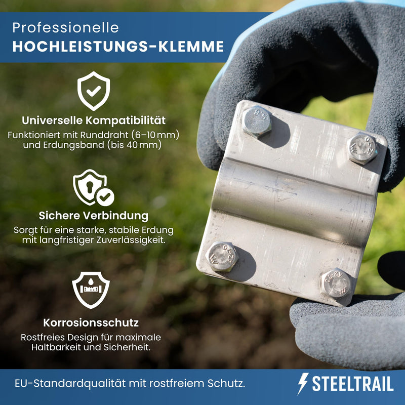 Cross Clamp Earth Clamp Cross Connector for Grounding Band up to 40 mm Round Conductor Diameter 10 mm Screws M8 to Stainless Steel Diameter 20 mm Ground Spike Grounding Rod Grounding Cable Meter. Kreuzklemme