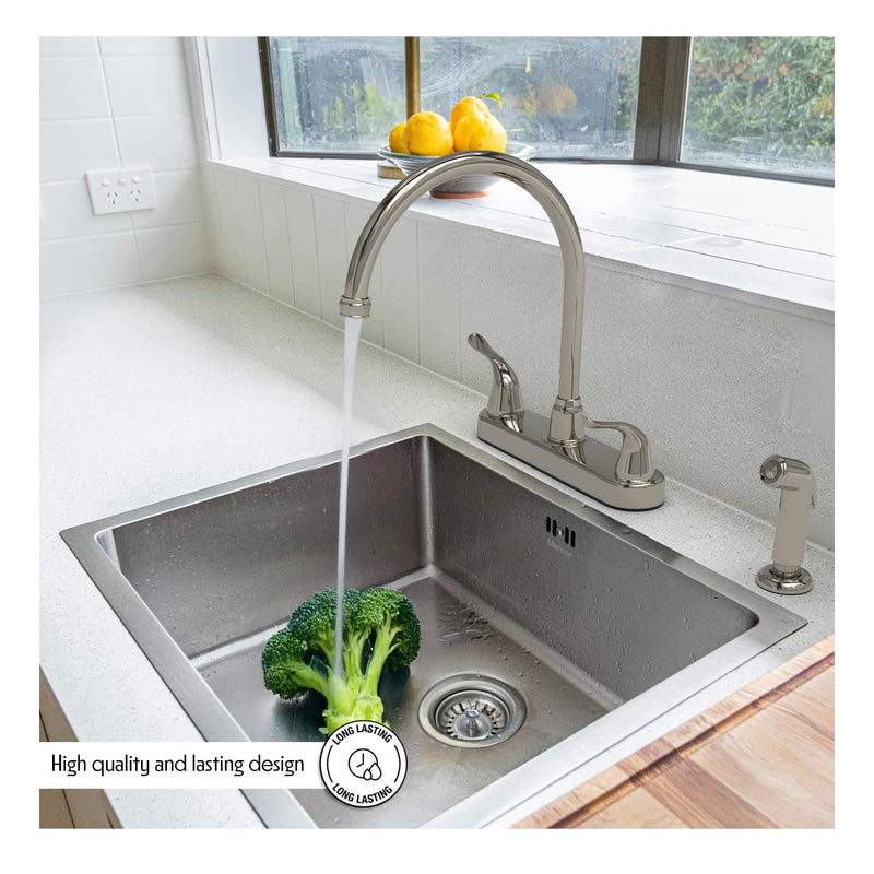Wasserman 23073124 - Mobile Home RV Kitchen Sink Faucet High Spout Dual Lever Handle with Side Spray, High Arc, Deck Mount, Brushed Nickel, 8 inch on Center, for Campers, Motorhomes, Travel