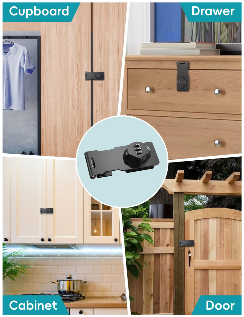 Cabinet Password Hasp Lock, Keyless Combination Lock for Small Doors, Bathroom, Outdoor, Garage, Black, 2 Pack