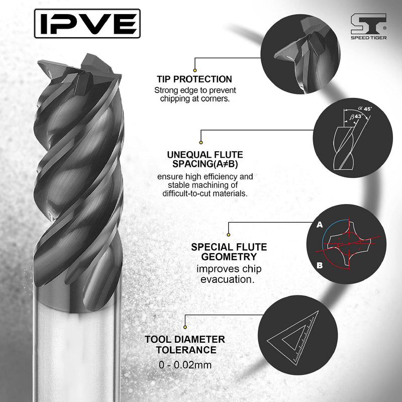 SPEED TIGER Carbide Square End Mill - 4 Flute - IPVE3/8 4 (1 Piece, 3/8") - Unequal Flute Spacing & Helix Design - Anti-Vibration - for Stainless Steel - Mill Bits Sets for DIYers & Professionals 3/8 in