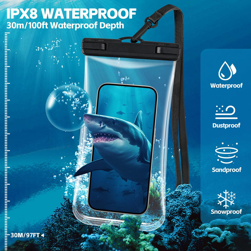[2 Pack] Waterproof Phone Pouch/Case - IPX8 Large Cell Phone Dry Bag Beach Travel Essentials with Detachable Lanyard for iPhone 15/14/13 Pro Max/ S24 Up to 8.3”- [3D DESIGN] - Black & Pink