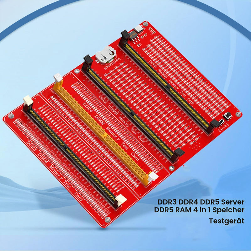 RAM Memory Tester Card, 4-in-1 DDR3 DDR4 DDR5 Server DDR5 Tester with LED Indicator and Dual Power Supply for Testing Desktop Computer Memory Hardware