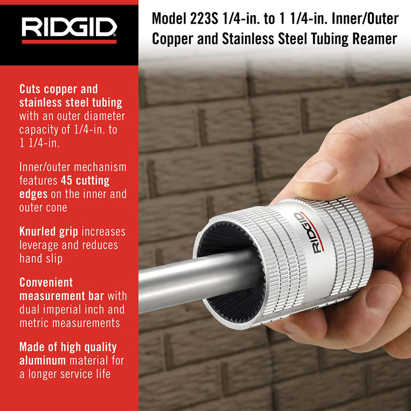 RIDGID 29983 Model 223S Internal/External Deburrer, 6mm to 36mm Deburrer, Inner Pipe Deburrer, Outer Pipe Deburrer 1/4-inch to 1-1/4-inch Single