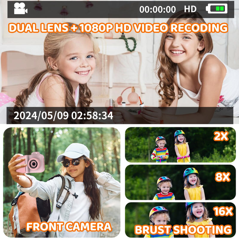 Kids Camera Instant Print,Kids Digital Camera 1080P HD Dual-Lens Selfie,Instant Print Camera with 5 Rolls Paper & 32GB Card,Toddler Camera Christmas Birthday Gifts for Girls Age 3-12(Pink) Pink