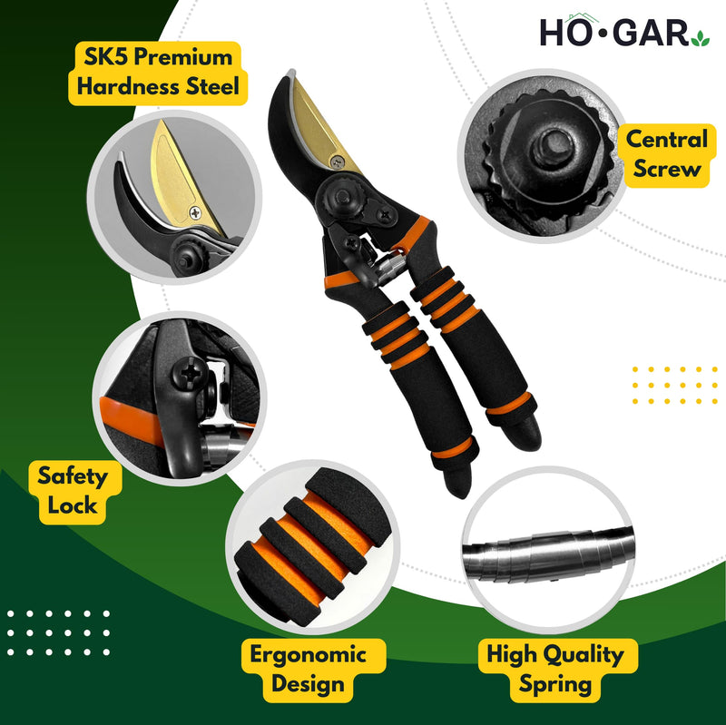 HO.GAR Premium Titanium Bypass Pruning Shears Kit: Heavy Duty Professional Hand Pruners, Gardening Scissors, Ergonomic Secateurs. Includes Blade and Spring Replacement + Pouch + Carabiner