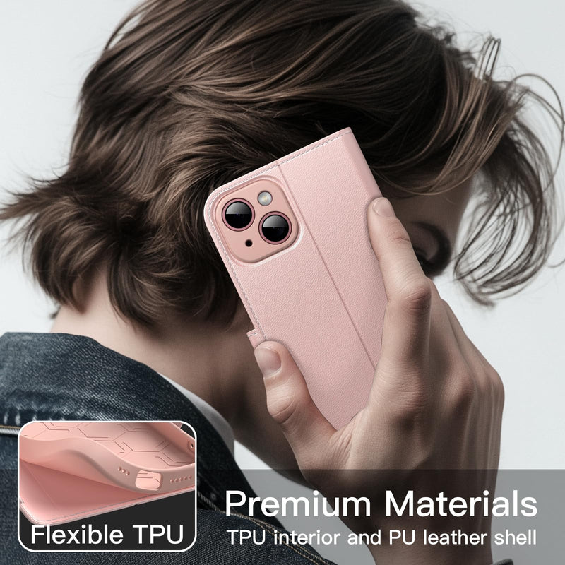 JETech Wallet Case for iPhone 15 6.1-Inch, Shockproof PU Leather Magnetic Flip Cover with Card Holder, Stand Feature and Full Camera Protection (Pink) Pink