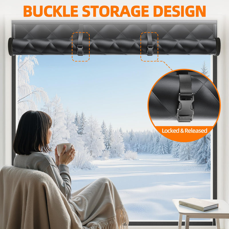Window Insulation Kit for Winter 47"x63" Cold Weather Thermal Curtain with Heavy Cotton, Insulated Window Cover for Winter & Windows Draft Blocker for Winterizing Windows in Home RV Basement–Black 47"W × 63"H