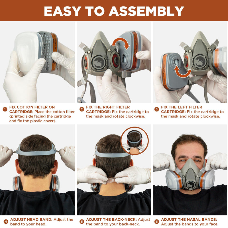 RHINO Smart Solutions Face Protection (Half-Sided) Anti-Dust Reusable with Glasses, Gloves, 6 Particle Protection Filters for Industrial Painting, Gas, Protection, Crafts, Painting, Steam