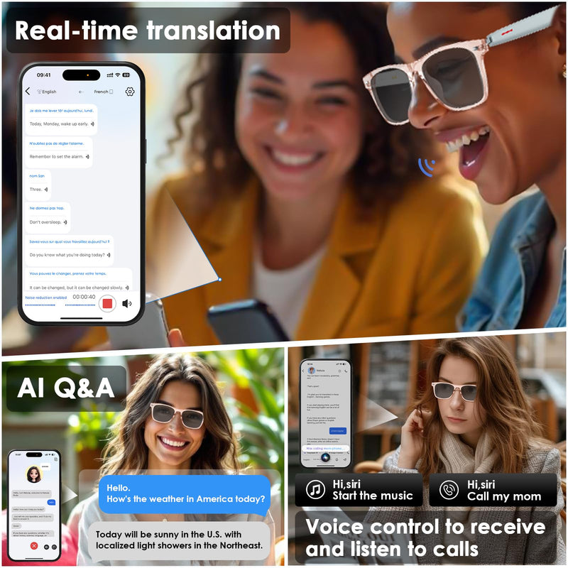 Ai Smart Sunglasses, Translation Glasses with UV400/ Bluetooth Speaker/110+Languages/Voice Control/AI Chat & Hands-Free Calling,Smart Glasses for Men/Women, Travel&Work(Pink)