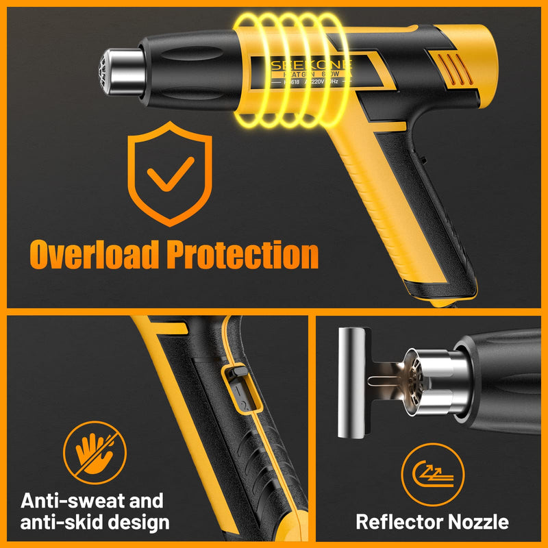 SEEKONE mini hot air gun, 600W dual temperature hot air gun 300℃ & 500℃, with overload protection and ceramic heating core for crafts, embossing, paint stripping, shrinking and shrink tubing