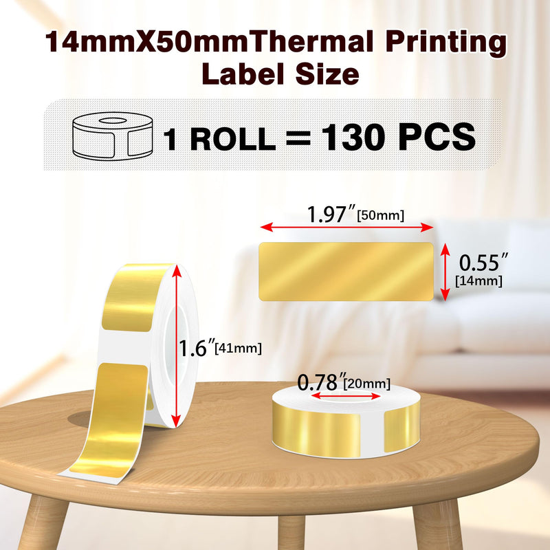 PARLAIM Printing Label Stickers 130pcs 14X50mm (1/2" X1 7/8") Self Adhesive Thermal Label Tape in Dispenser Box Compatible with D30 Labels Maker for Home Office School Bright Gold 1 Roll-130PCS