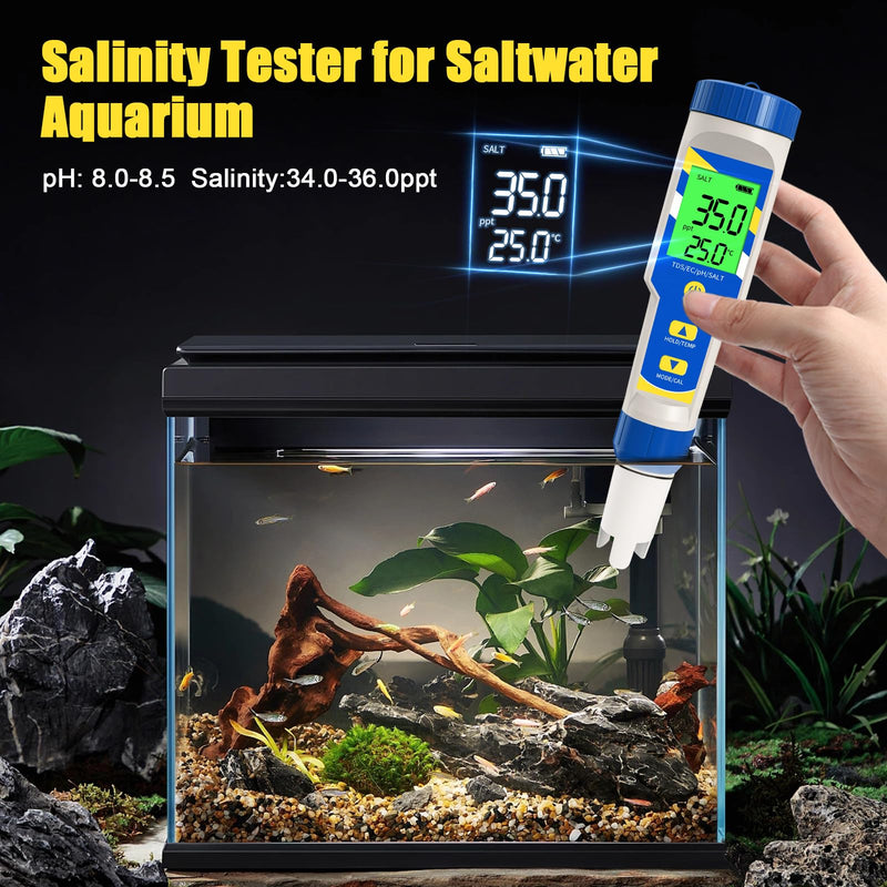 Pool Salt Tester pH Meter, Digital 7 in 1 pH EC TDS Temp Salinity Tester for Saltwater Pool Hot Tubs Spa Aquarium, pH and EC PPM Meter for Nutrients Growing light Blue