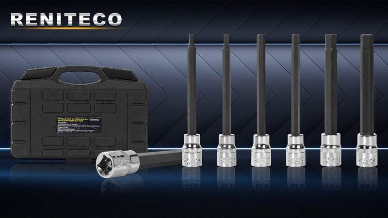 Reniteco 19-Piece 3/8 Inch Drive Extra Long Allen Hex Bit Socket Set, Standard SAE (1/8" - 3/8") & Metric(3mm-12mm)