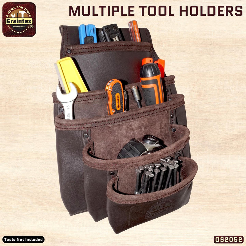 Graintex OS2052 5 Pocket Oil Tanned Nail & Tool Pouch Dark Brown Color for Constructor/Electrician/Plumber