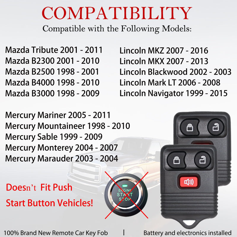 2 Key Fob Remote Replacement Fits for 1998-2016 F150 F250 F350 Ranger Escape Explorer Focus E150 Expedition, Mazda, Mercury, Lincoln MKZ MKX CWTWB1U345 CWTWB1U33 Keyless Entry Remote Control 3 Button