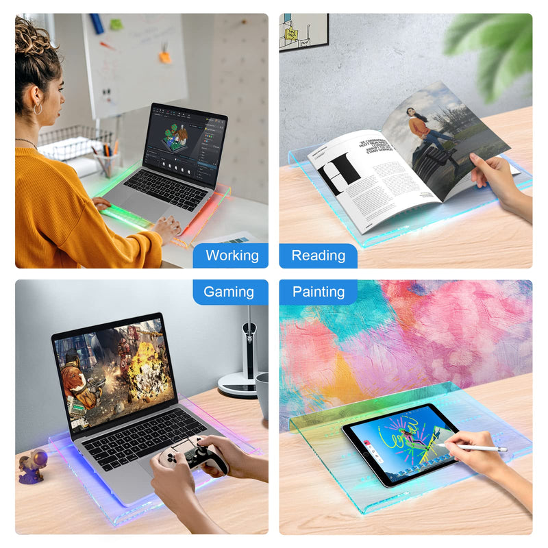 Acrylic Laptop Stand Clear Tablet Holder with 366 Kinds of RGB Backlight,Multiple Heat Dissipation Vents Ergonomic Tilted Mount Riser for PC,Notebook,MacBook,Phone from 10 to 17.3 Inch Work/Home