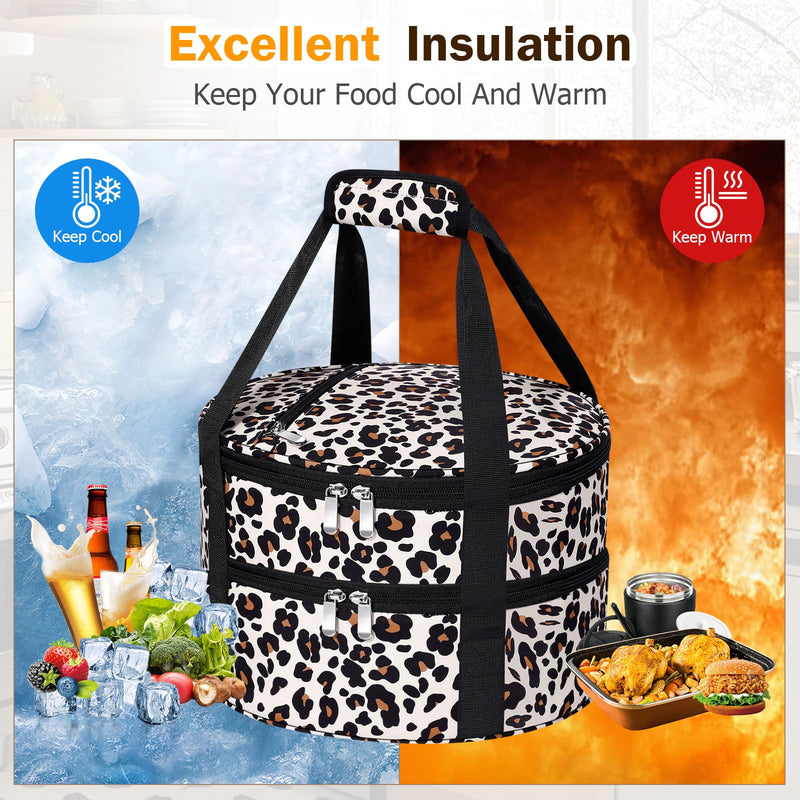 Round Double Insulated Casserole Carrier – 12" Portable Pie Carrier Bag for Hot or Cold Food, Leakproof Thermal Lunch Tote with Handle for Parties Picnic & Travel - Leopard