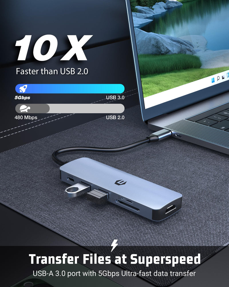 USB C HUB, 6 in 1 USB Adapter, 4K HDMI, 100W PD, USB 3.0 Ports, USB 2.0 Ports, and SD/TF Card Reader, Perfect for Mac Pro/Air, iPad Pro, iMac, and More