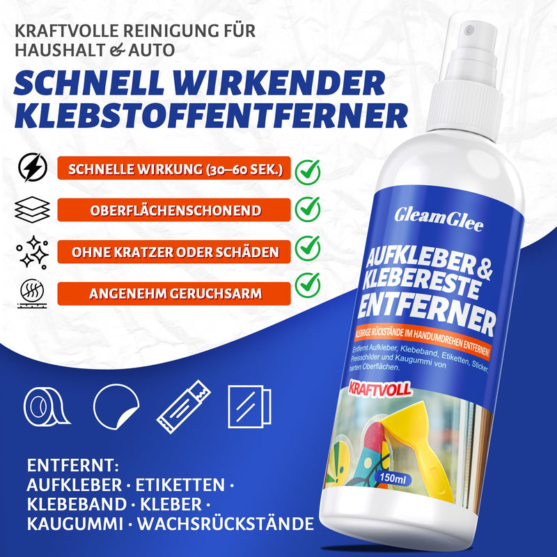 Adhesive Remover Spray 150 ml - Professional Adhesive Residue & Label Remover for Stickers, Silicone, Grease, Resin & Wax Residue - Suitable for Glass, Metal, Plastic, Wood - with Scraper