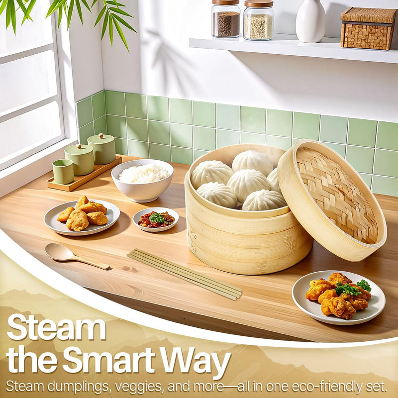 Flexzion Bamboo Steamer Basket Set (8 inch), 50 x Steamer Liners and 2 Pairs of Chopsticks, Steam Baskets for DimSum Dumplings, Rice, Vegetables, Fish and Meat 8 Inch