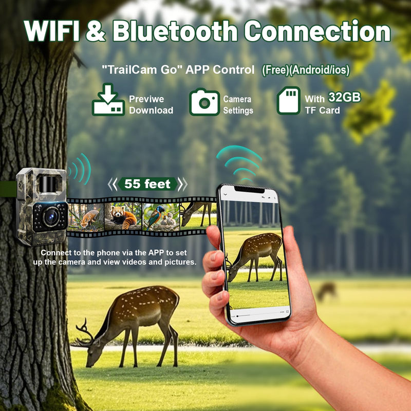 MAXDONE Trail Camera Bluetooth Game Camera, 2000mAh Built-in Battery Rechargeable Power Hunting Cameras with Night Vision Trail Cam Bluetooth 48MP Wildlife Camera Wi-Fi Deer Camera (No Screen) PH960W-1
