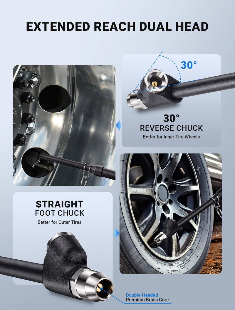 12'' Dual Head Tire Pressure Gauge, Heavy Duty Truck Tire Gauge Range 10-150PSI 1-10Bar for Tire Pressure Checker, Straight-On Tire Air Gauge Extended Tube for Semi Truck, RV, Car, Motorcycle