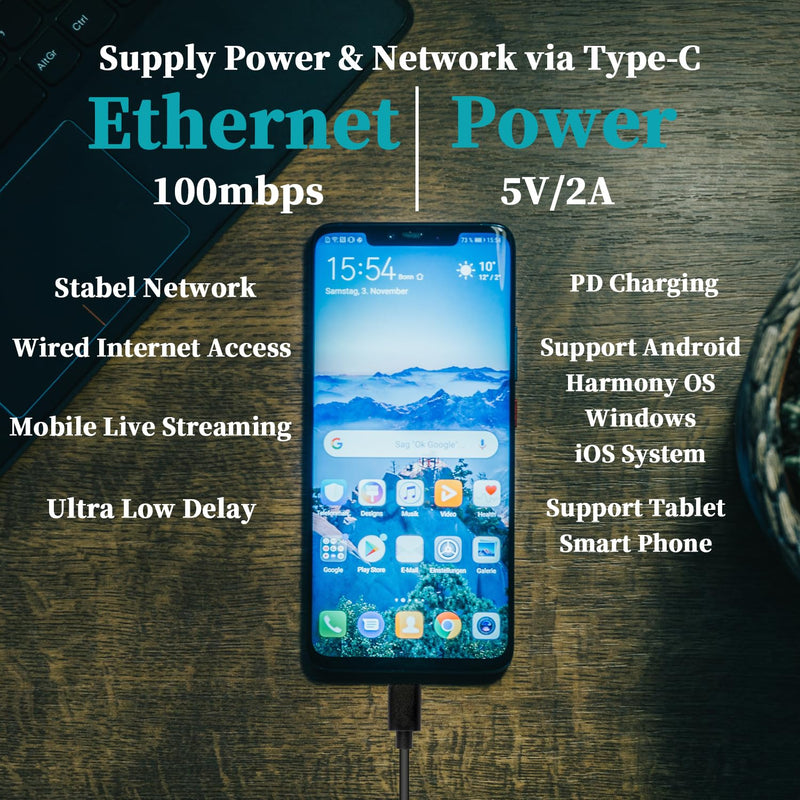 REVOTECH PoE to USB C Adapter Converter, Convert POE to Output 5V/2A Type-C with Ethernet, IEEE802.3af with 10/100Mbps, Wired Broadband and PD Charging for Smart Phone/Tablet, Plug and Play (P2C5V) 5V/2.4A