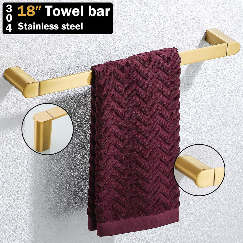 RANDOM Brushed Gold Towel Bar Rack Holder Rod 18 inch Hand Towel Holder for Bathroom Kitchen Hardware Accessories Wall Mount Contemporary Hotel Style 96026-2-18BG 18 Inch (1 Piece)