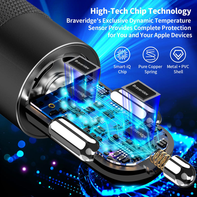 【MFi Certified】iPhone 15 Car Charger Fast Charging, Braveridge 75W USB-C PD&QC Car Power Cigarette Lighter USB Car Charger + 6FT Type-C Coiled Cable for iPhone 15 Pro/15 Pro Max, Galaxy S24/S23, Pixel Platinum Black(75W PD+QC3.0)