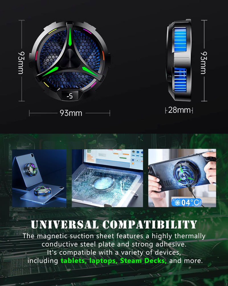 Magnetic Cooler for iPad,Tablet Cooler for ipad/surface pro/Samsung Tab,Universal Radiator with Temperature Display for Mobile Gaming,Tiktok Live Streaming (Green Mech) Green Mech