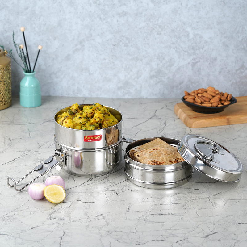 Sumeet Stainless Steel 3 Compartment Lunch Box/Tiffin with Lid and Handle, 11.5Cm Dia, (1500ML, Silver) | Stackable, Traditional Tiffin Container / Dabba with Handle for Office, 11.5Cm Diameter 1500ml 3 Tier