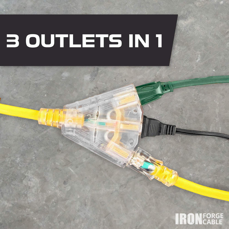 IRON FORGE CABLE 3 Foot Lighted Outdoor GFCI Extension Cord with 3 Electrical Power Outlets - 12/3 SJTW Heavy Duty Yellow Pigtail Extension Cable with 3 Prong Grounded Plug for Safety, 15 AMP