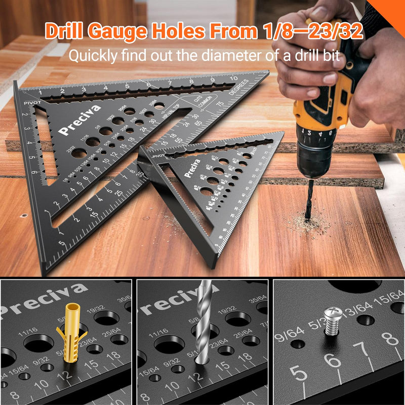 Preciva Carpenter Square Set, 12 inch (1/16" Scale) and 7 inch Rafter Square Aluminum Alloy, Multi-Purpose Carpenter Tool Measuring Layout Tool for Woodworking and Carpentry 7+12 IN
