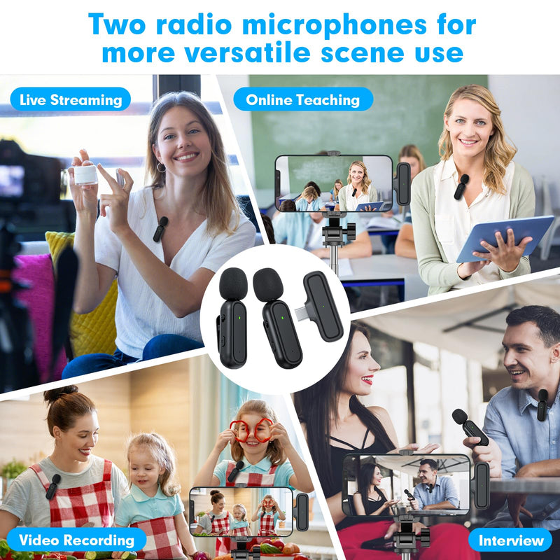 2-Pack Wireless Lavalier Microphone for iPhone Vlogging Included Charging Case & Jack Adapter, Noise Reduction Plug-Play Clip on Lapel Mic for Vlogging,Youtuber,Video Recording,Live Streaming Oval Case Dark Black
