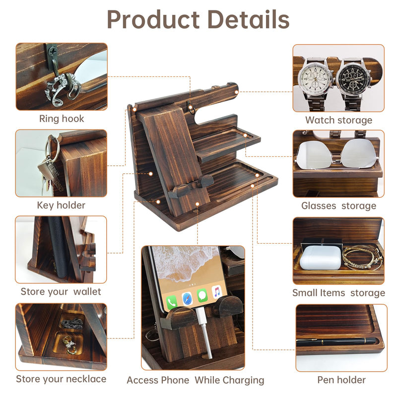 Nightstand Organizer with Phone Docking Station and Desk Organizer - Brown Wooden Gift for Men and Dad