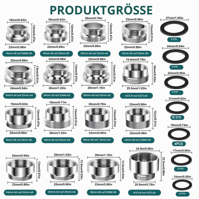 Tap Thread Adapter Set, 16 Pieces, Brass Adapter for Male Thread, 16-28 mm OD to 22 mm OD, G1/2 to G3/4 Connections