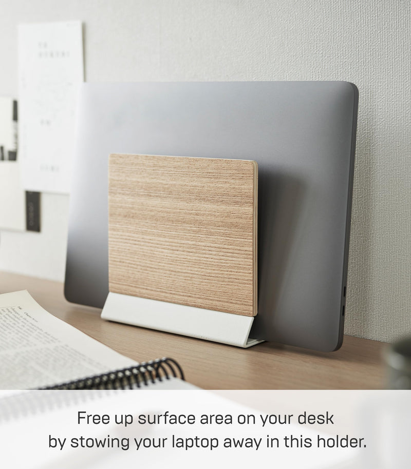 Yamazaki Home Rin Portable Laptop Holder Stand for Desk in Bedroom Or Office, Wooden Storage Station - Steel + Wood Walnut