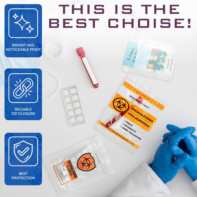 APQ Supply Biohazard Specimen Bags with Tear Strip, Clear Orange, 12 x 15 Inches, Pack of 100, Zipper Closure, 3-Wall Design for Document and Sample Storage 1 Count (Pack of 100) 12" x 15" Clear-Orange-Black / 3 Wall