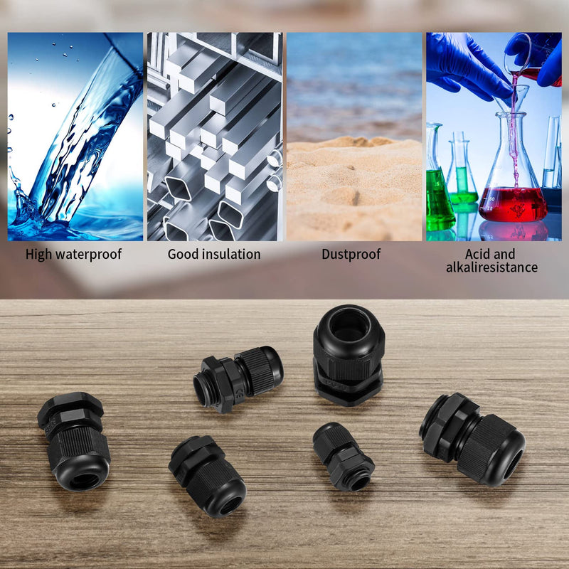 Pack of 50 Cable Glands Set, IP68 Waterproof Adjustable Cable Grommet, Black Adjustable Cable Connectors Cable Connectors Set - PG7/9/11/13.5/16/19/21 PG25/29/36/42/48/63 (Black)