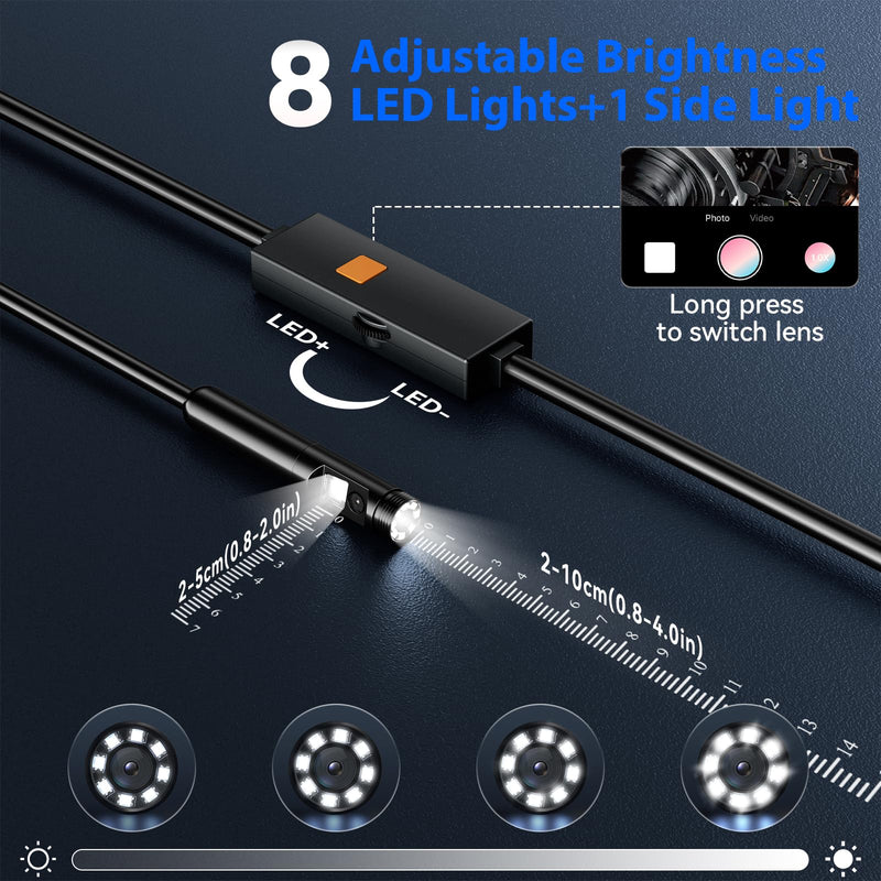 Endoscope Camera with Light, Dual-Lens 1920P HD Borescope Tools with 8+1 Adjustable LED Lights, 32.8FT Semi-Rigid Snake Cord IP67 Waterproof Inspection Camera for iPhone, iPad, iOS and Android Phone Dual Lens
