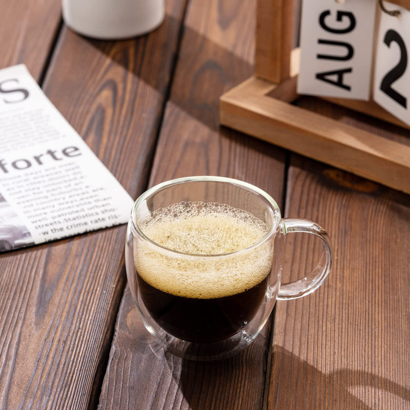 Double Wall Glass Espresso Cups 5oz/150ml, A set of 2, Thermo Insulated Borosilicate Glass Cups with Handle