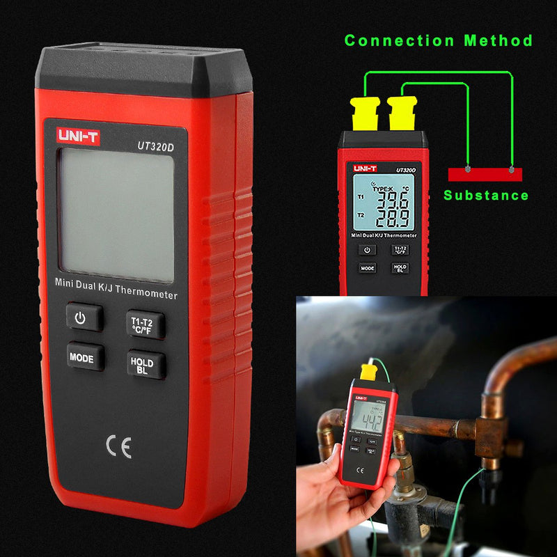 UT320D Dual Channel K/J Digital Thermometer, Thermocouple Temperature Meter Temperature Meter with 2 K-Type Measuring Probe for Industry, Agriculture, Meteorology and Life 02-UT320D