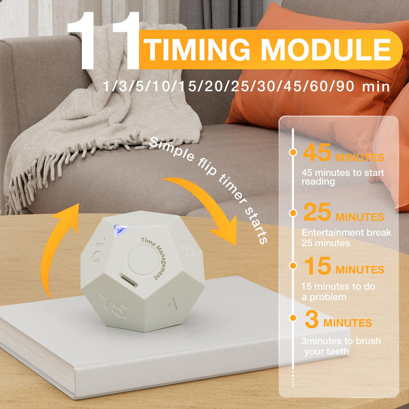 12-Sided Cube Flip Timer Kitchen: Cooking Kid Study Classroom Yoga Workout Game Gym Countdown Timers 1/3/5/10/15/20/25/30/45/60/90min (White) White
